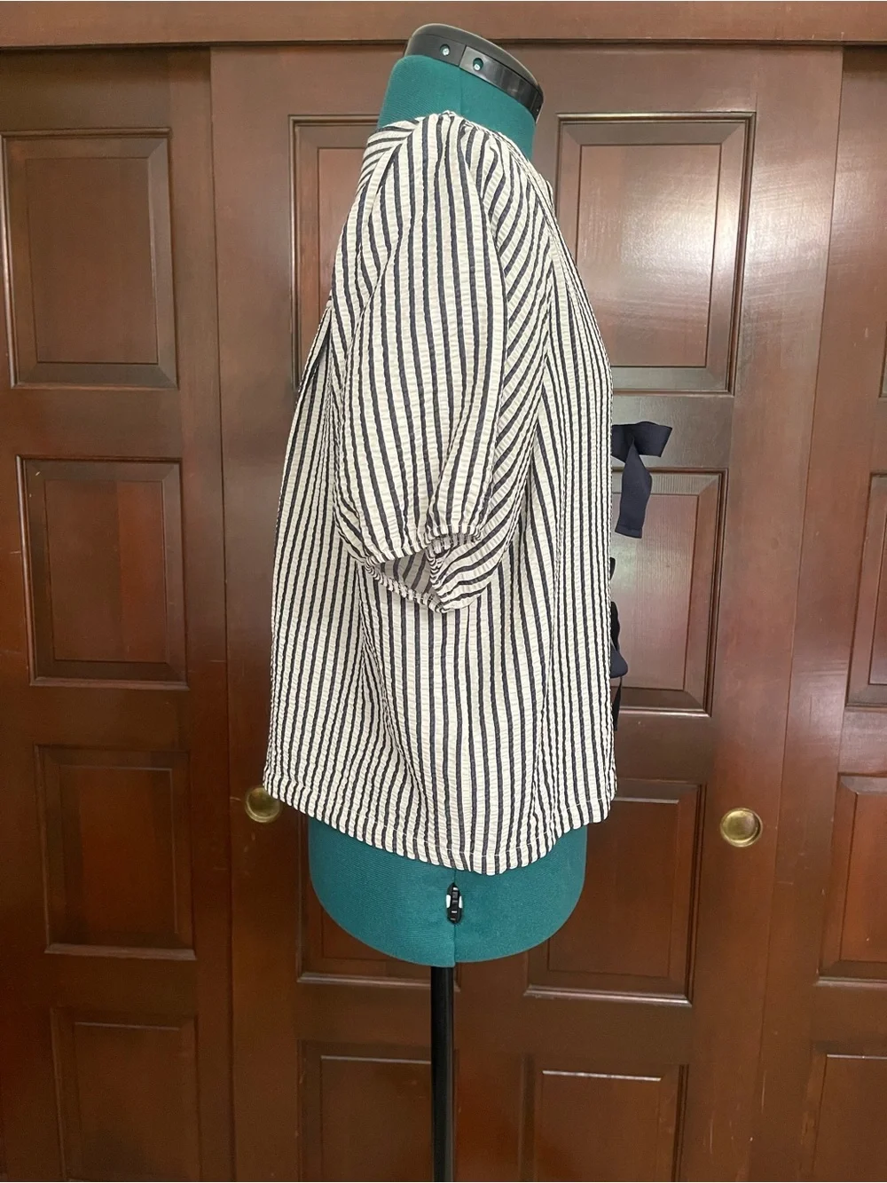 Zara Black and White Striped Puff Sleeve Tie-Front Blouse